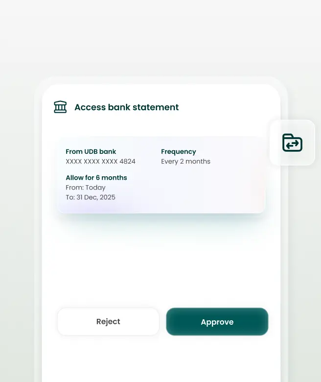 Digital consent screen showing financial data access request via bank statement, with approve and reject options