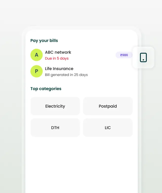 Bill payment dashboard with due alerts and top category options like electricity and postpaid.
