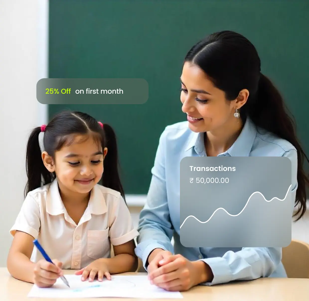 Benefits for institutions businesses Image of a teacher and student in a classroom with overlaid digital payment dashboard elements