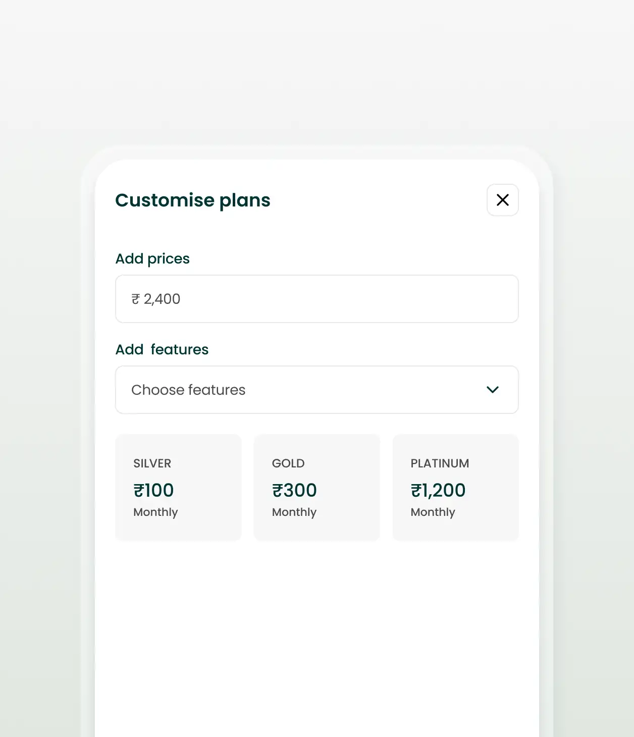 Interface showing customizable subscription plans highlighting features of a digital payment solution Interface showing customizable subscription plans highlighting features of a digital payment solution