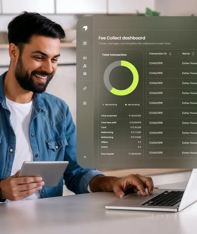 A man managing fee collections on digital dashboard using Pine Labs tools