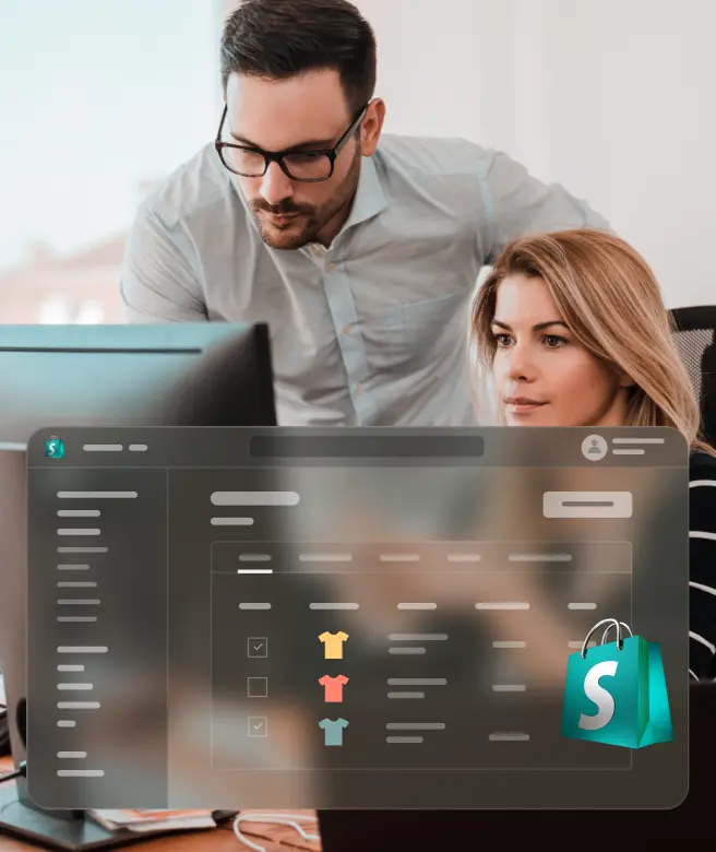 Two people managing their online store using Shopify and Pine Labs solutions.