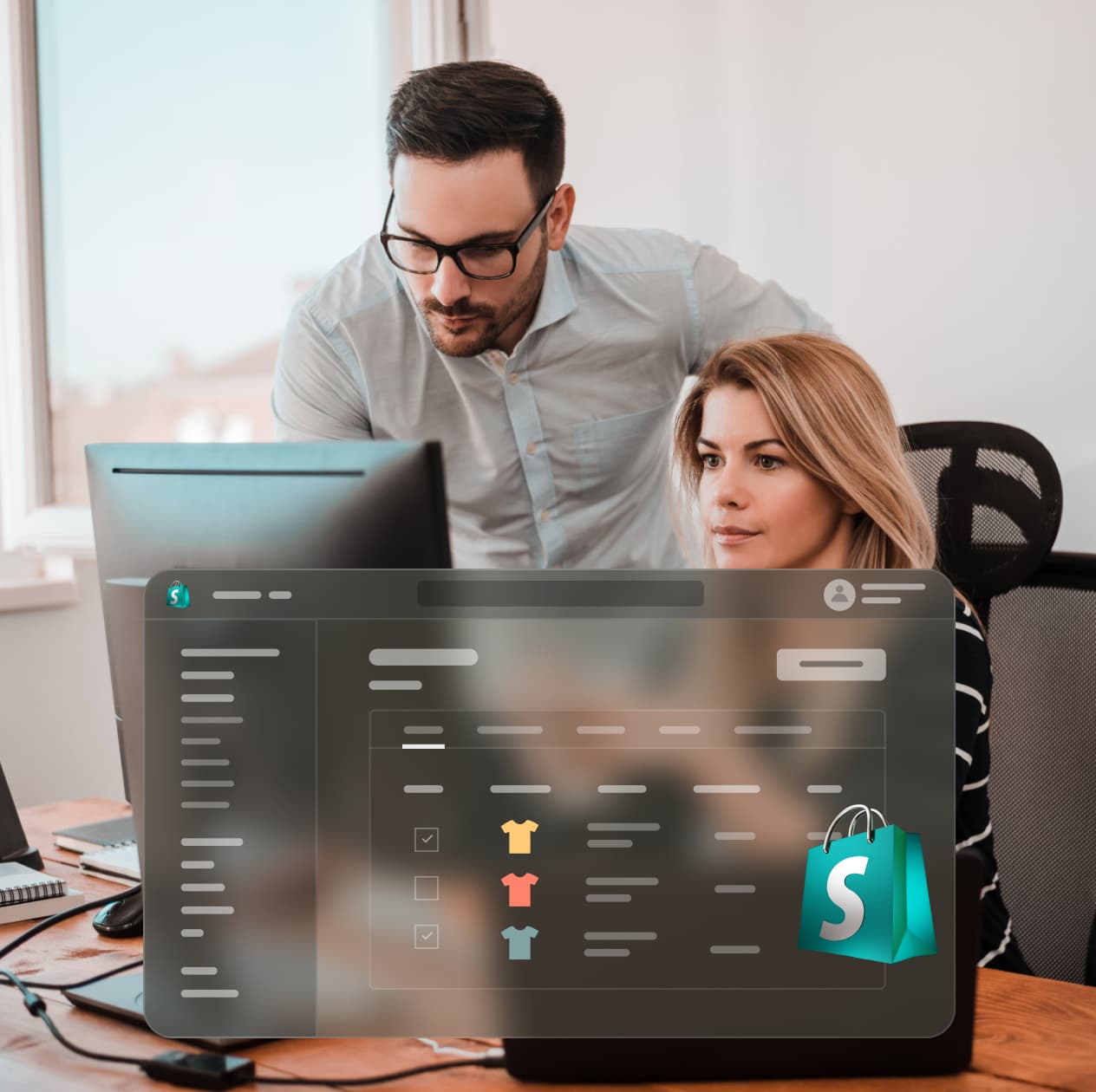 Two people managing their online store using Shopify and Pine Labs solutions.