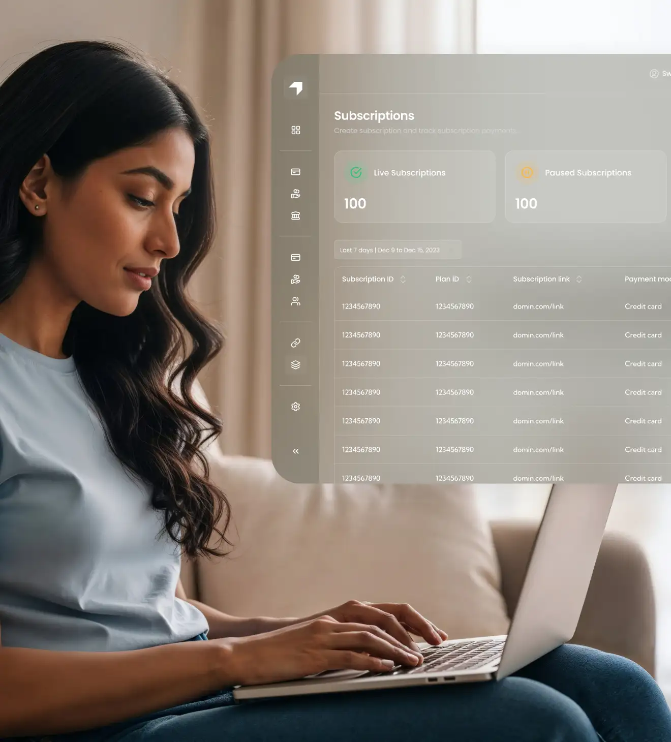 Woman using a laptop with overlay of Pine Labs digital subscription dashboard suggesting ease of managing recurring payments Woman using a laptop with overlay of Pine Labs digital subscription dashboard suggesting ease of managing recurring payments