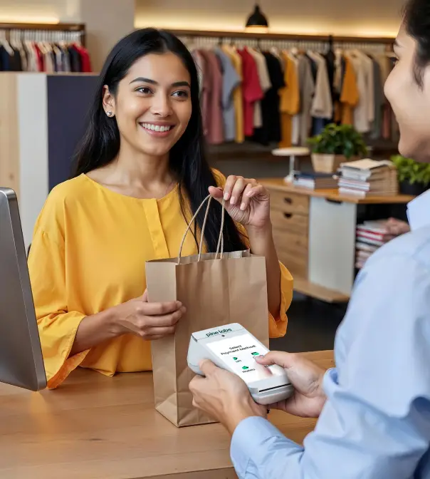 Retail customer making a smooth EMI payment using Pine Labs terminal at a clothing store