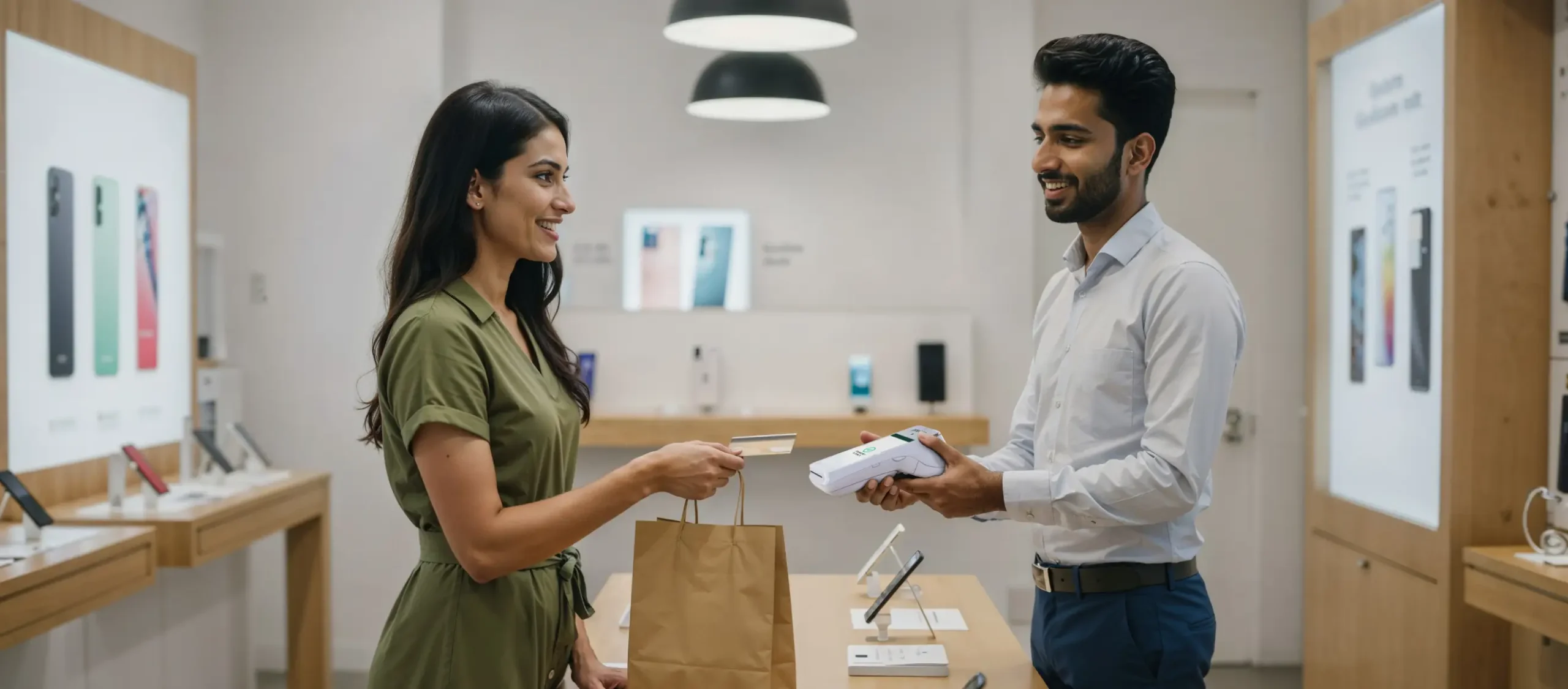 Customer making a card payment using a Pine Labs PoS machine at a mobile retail store