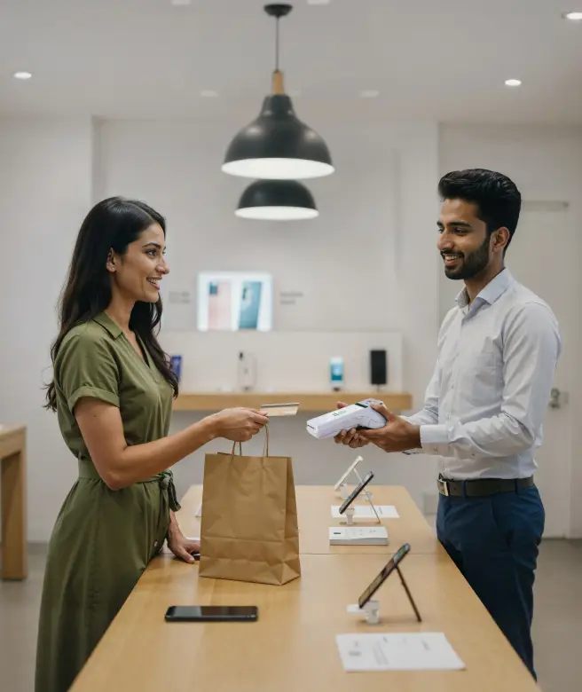 Customer making a card payment using a Pine Labs PoS machine at a mobile retail store