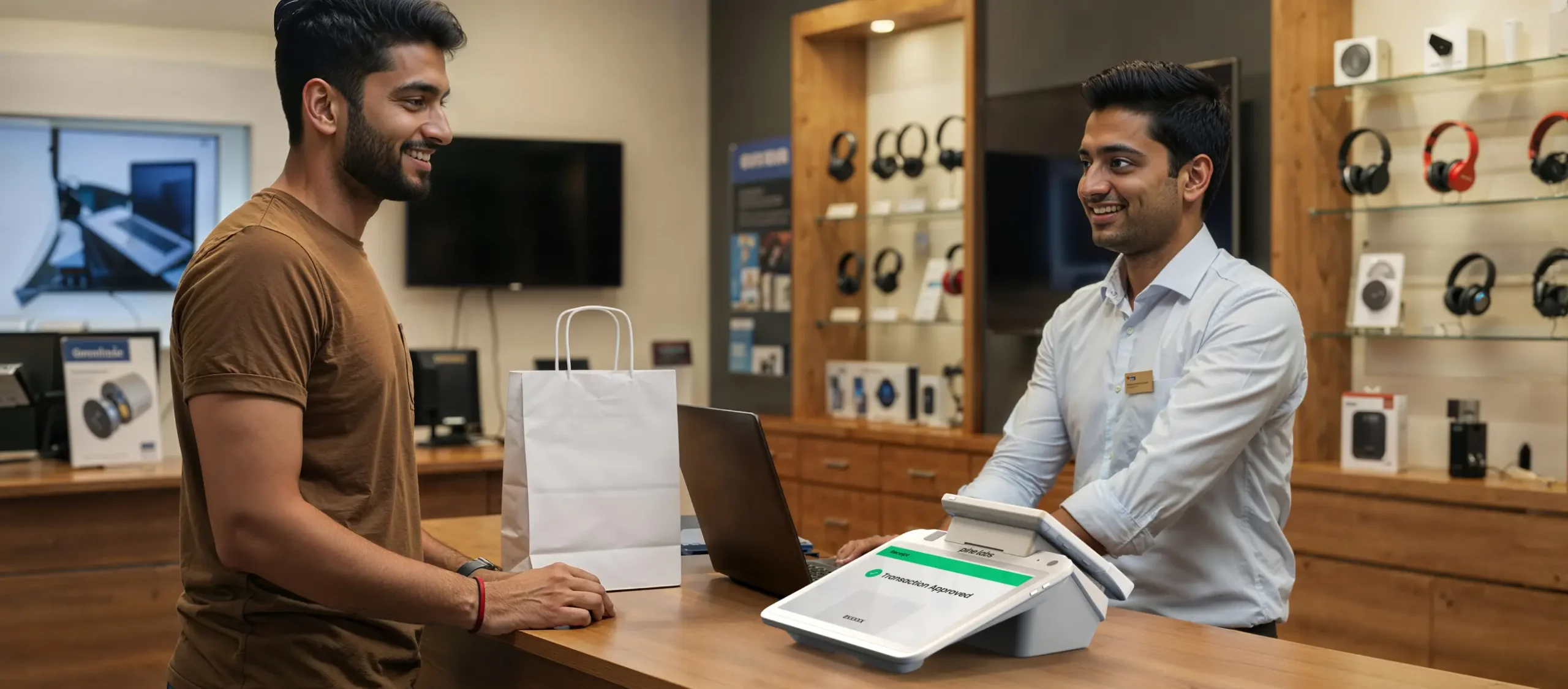 Salesperson assisting customer with EMI payment at electronics store counter