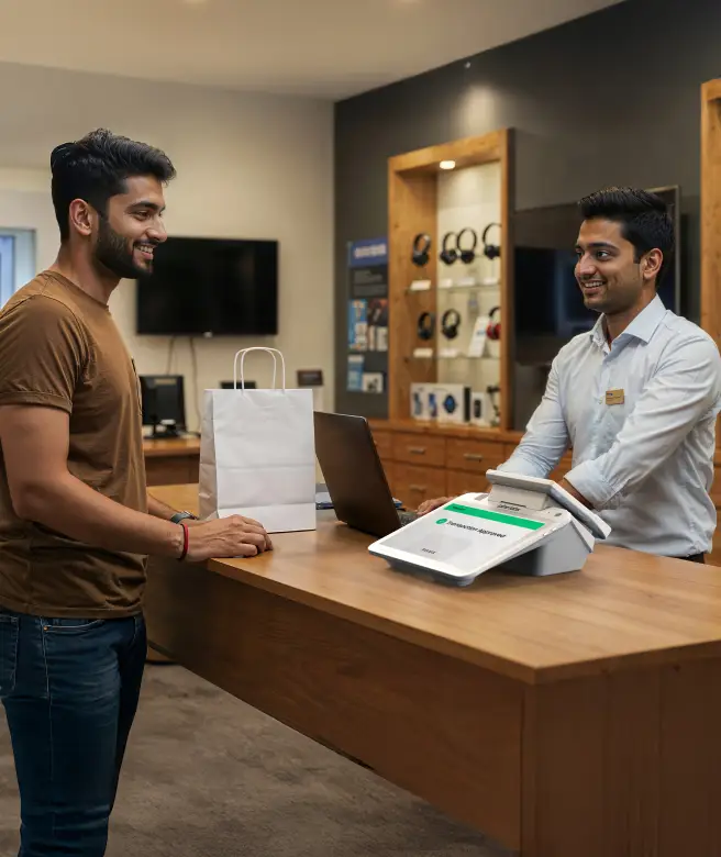Salesperson assisting customer with EMI payment at electronics store counter