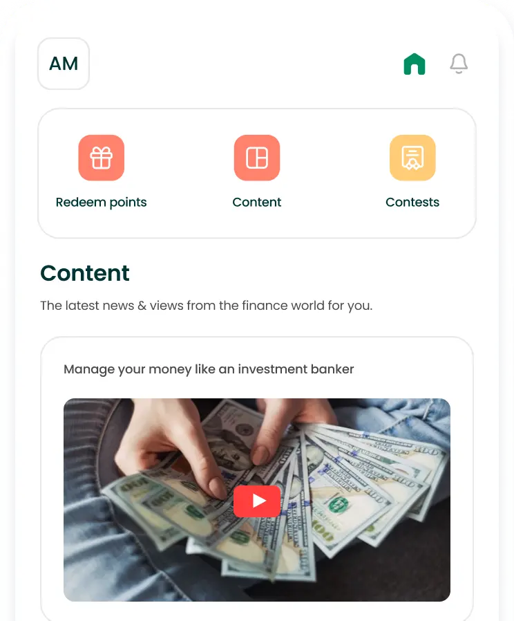 Mobile app interface displaying redeem points, content, and contests tabs with a video thumbnail