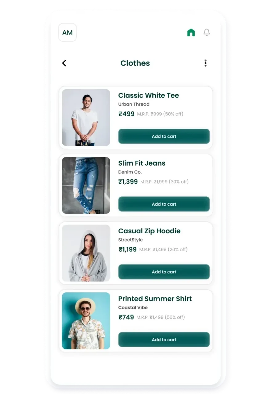 Pine Labs Brand Wallet mobile interface showing wallet-based checkout for clothing items