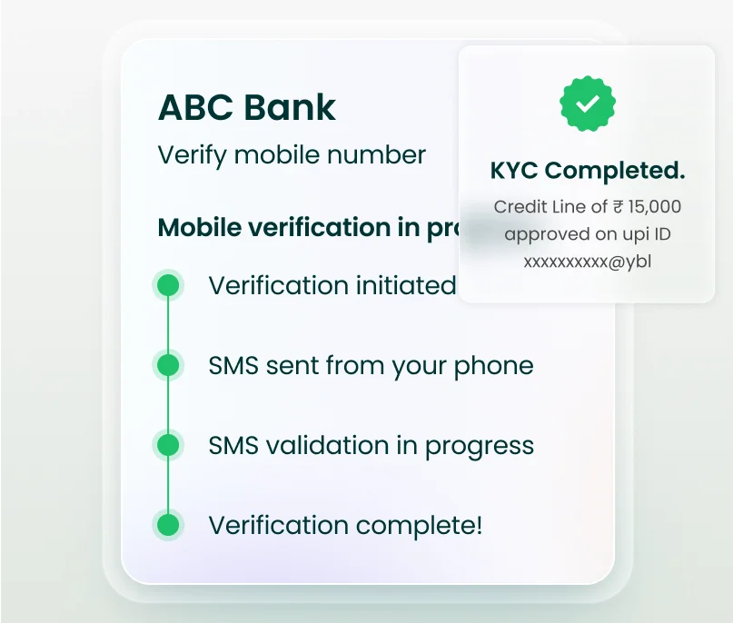 Instant KYC & Credit Activation Mobile verification and KYC completion screen from ABC Bank for real-time credit line activation