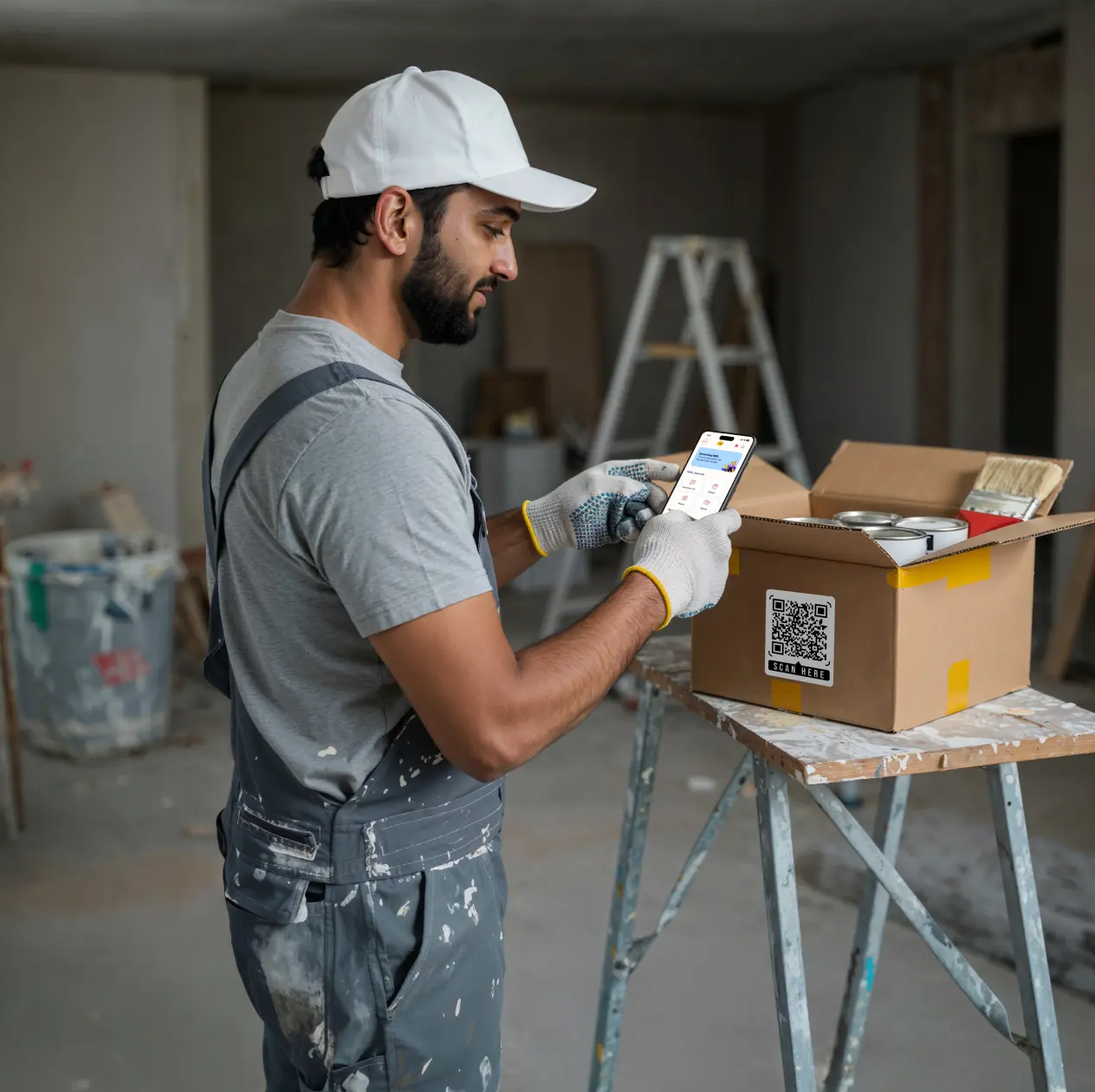 Man in work attire using a mobile app to scan a package QR code, representing sales and influencer loyalty rewards