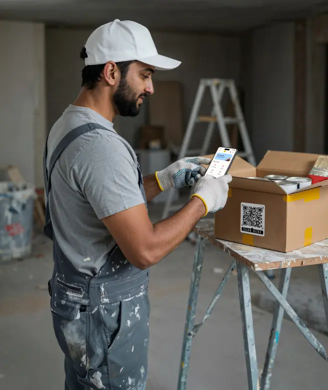 Man in work attire using a mobile app to scan a package QR code, representing sales and influencer loyalty rewards
