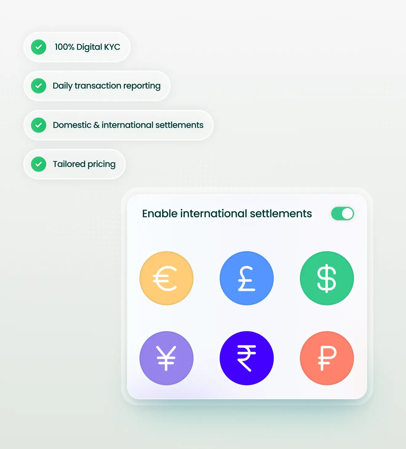 Global Settlements & Reporting Interface displaying currency symbols with a toggle switch to enable international settlements