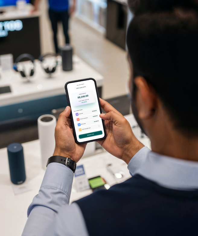 Customer using a mobile phone to redeem rewards through a Brand Wallet at a retail store