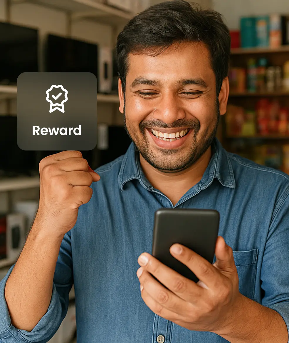 Smiling man checking rewards on smartphone as part of a channel partner loyalty program by Pine Labs