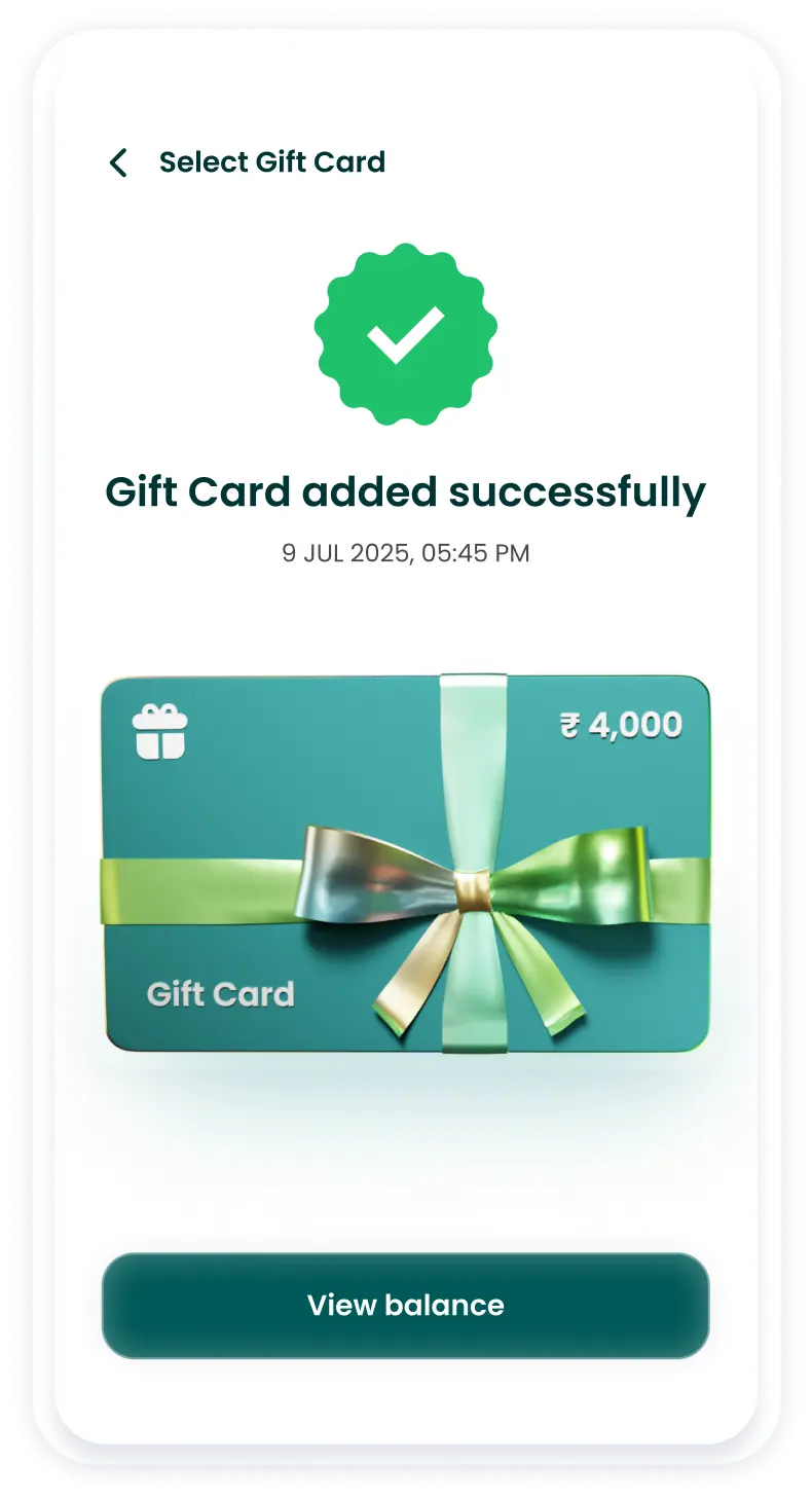 Pine Labs mobile interface confirming successful gift card activation