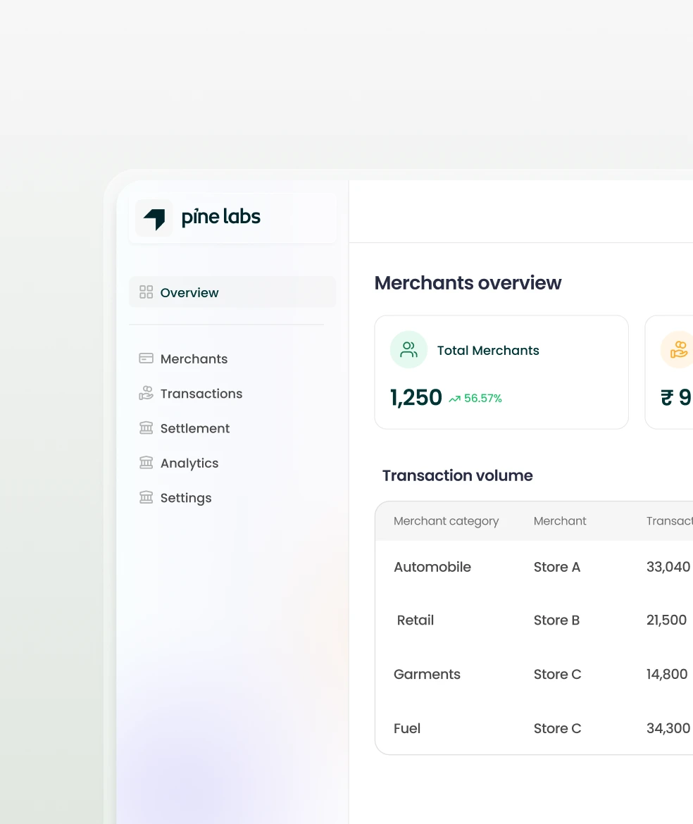 Dashboard view showing total merchants, transaction volume, and category breakdown
