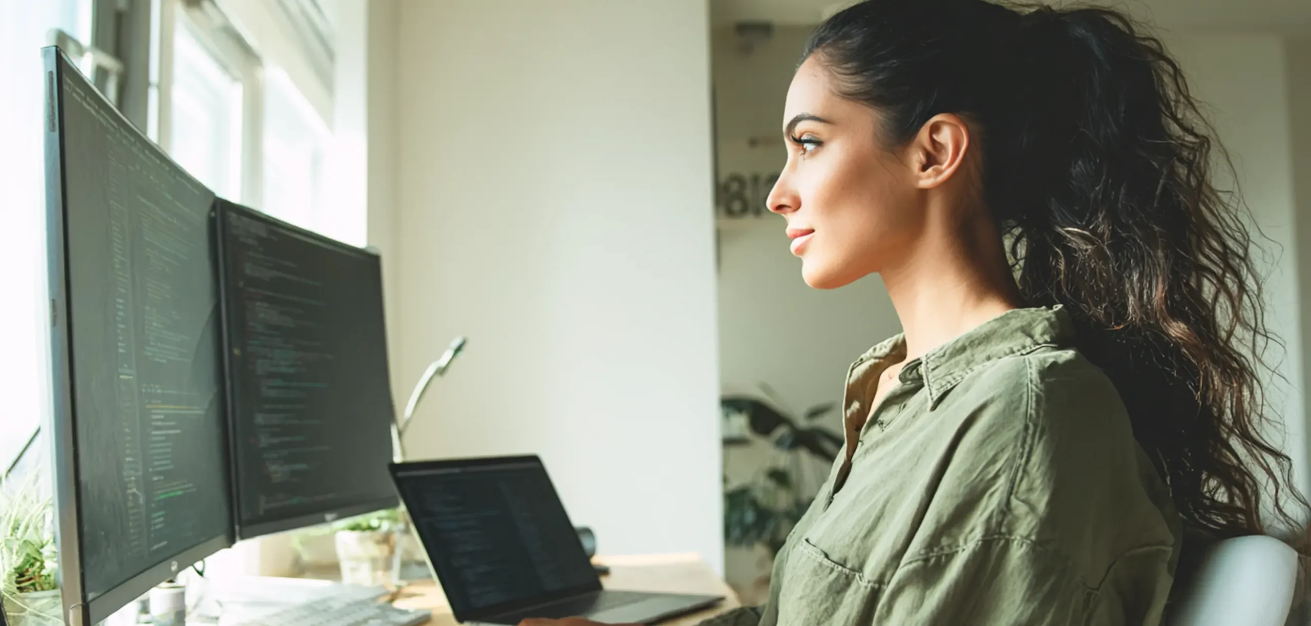 Developer working with APIs and code for fintech payment integration Developer with dual monitors displaying code, symbolizing fintech integration and development tools