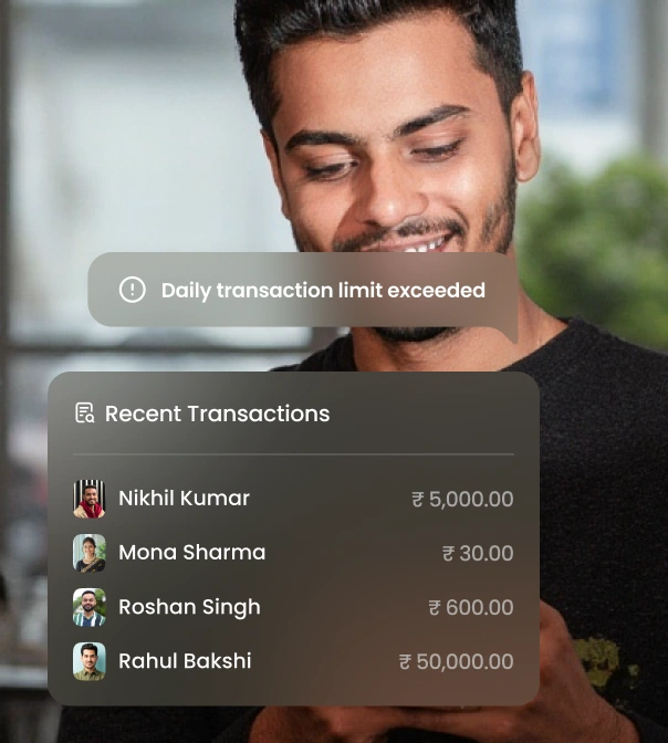 User notified of transaction limit breach while viewing recent payment activity on acquirer platform