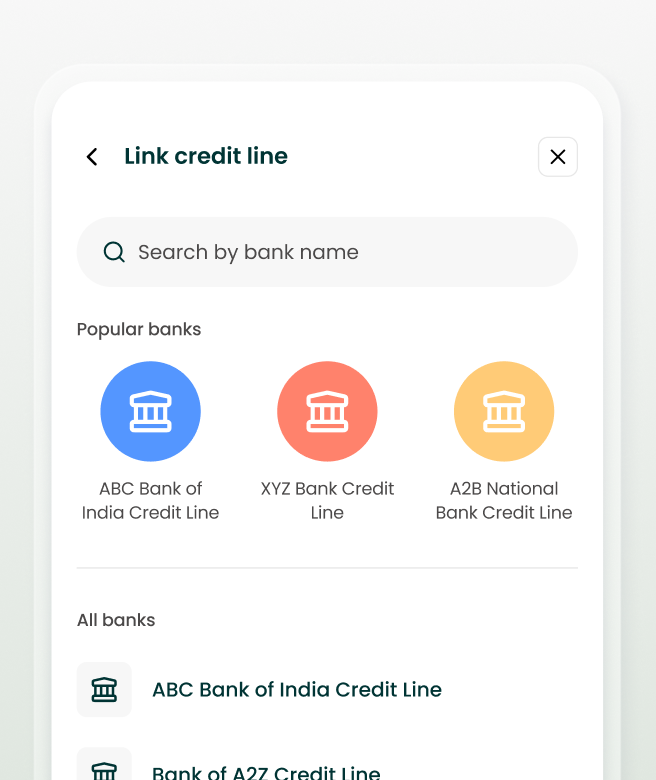 Mobile interface showing credit line linking with search and popular bank options