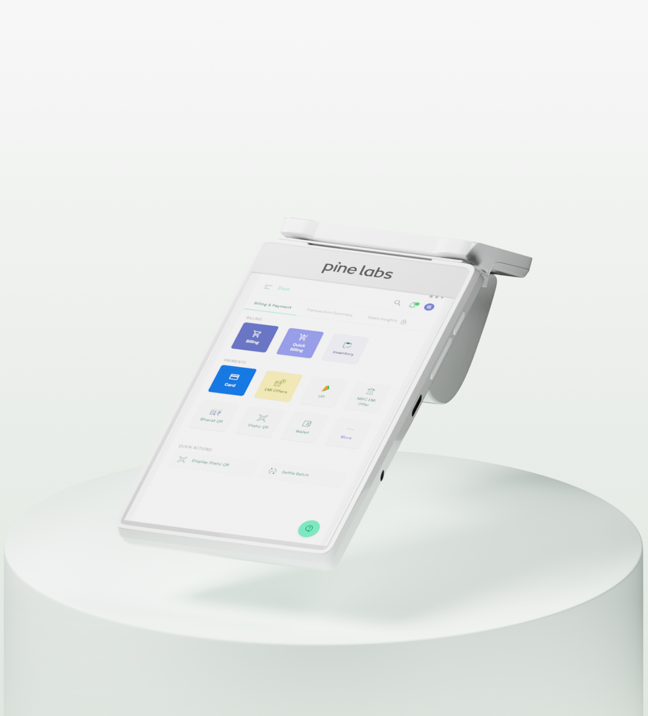 Pine Labs Duo PoS device with a sleek design showing multiple payment options and business features like UPI, EMI, and digital currency compatibility