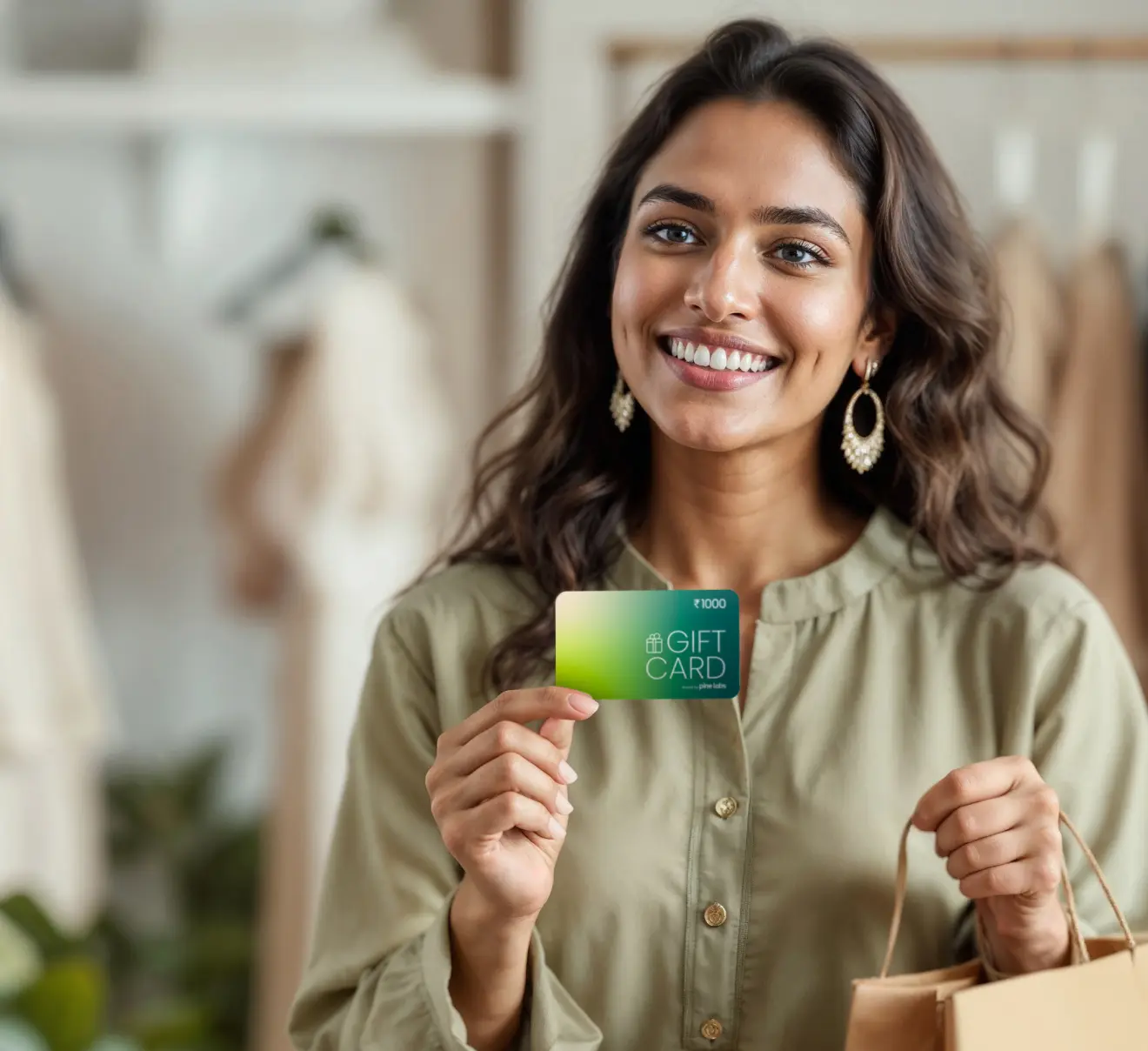 Woman holding a green gift card, representing customer retention and upselling strategies for businesses