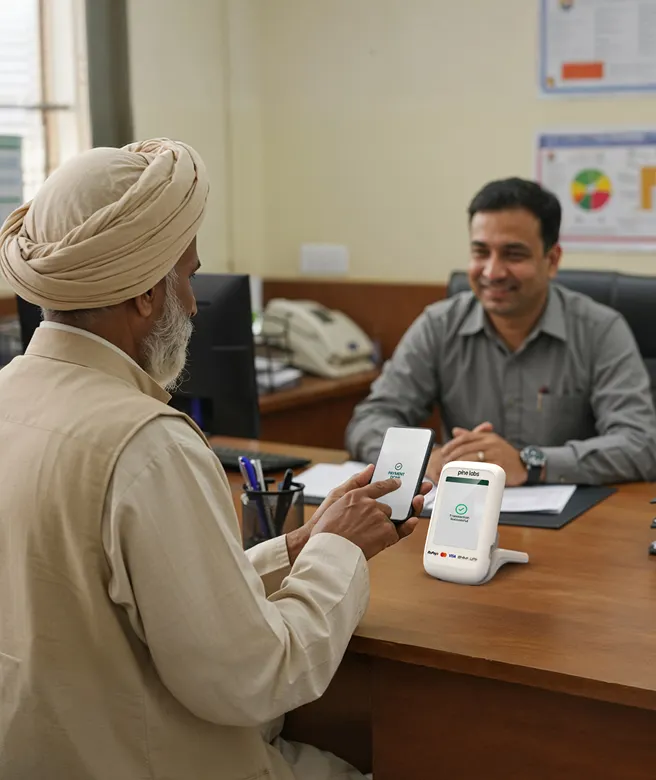 Government official helping an elderly man use a digital payment device at a service desk, promoting citizen-centric digital governance.