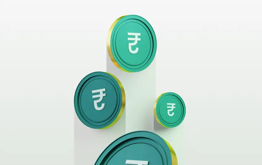 Digital rupee coins rising on cylindrical pillars symbolizing new revenue streams and personalized financial growth opportunities