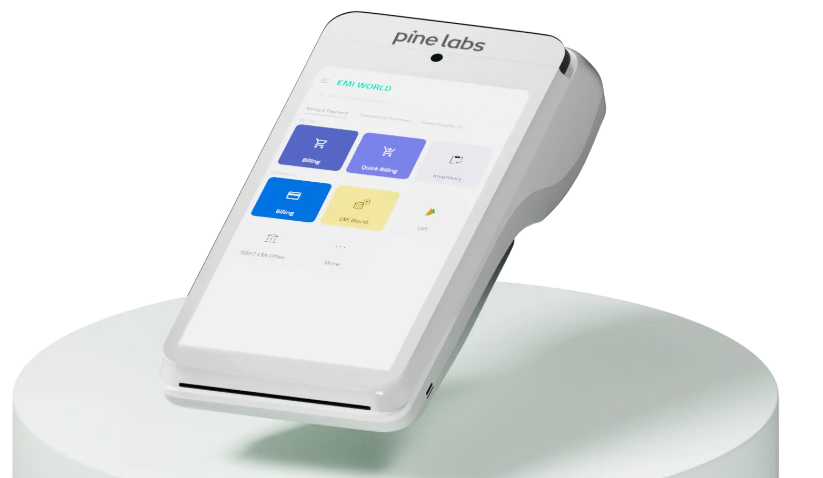 Touchscreen POS terminal with payment dashboard, illustrating Pine Labs' embedded payment solution
