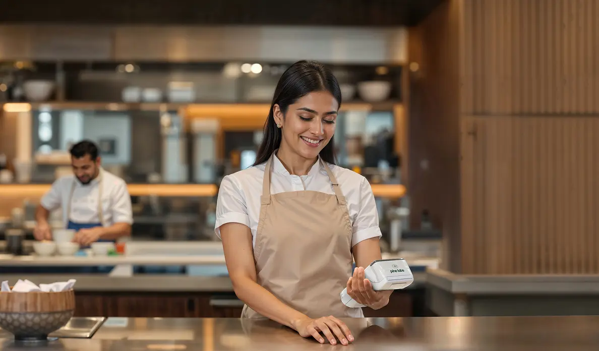 Barista using Pine Labs payment device at a counter