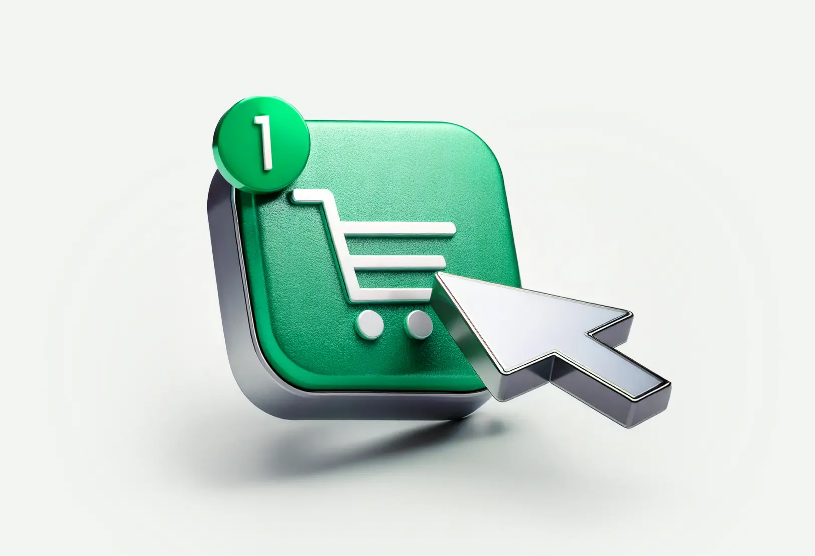shopping cart icon with notification and cursor click, representing successful online sales