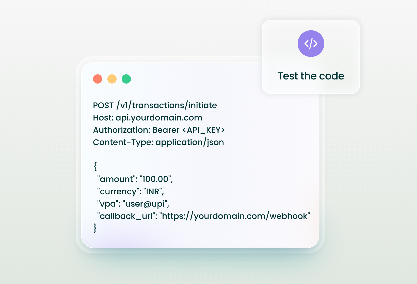 Code snippet for initiating a UPI transaction via API, showing JSON parameters like amount and callback URL