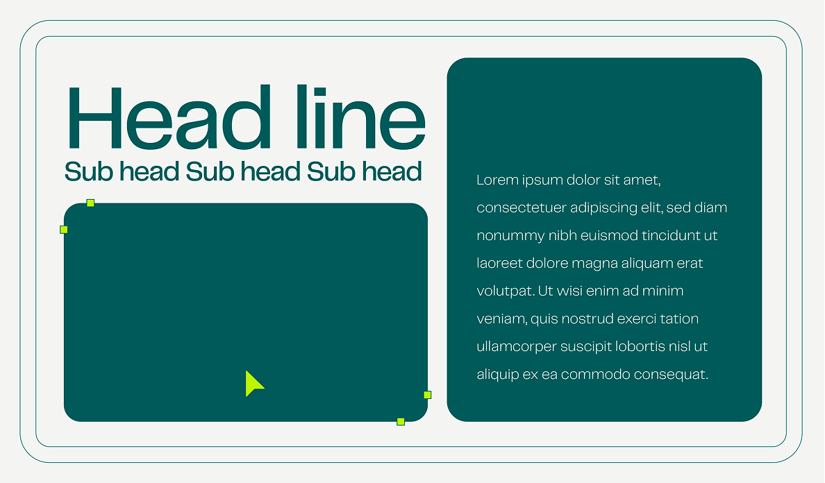 Wireframe layout showing a headline, subheadings, placeholder content blocks, and text area, using Pine Labs brand colors