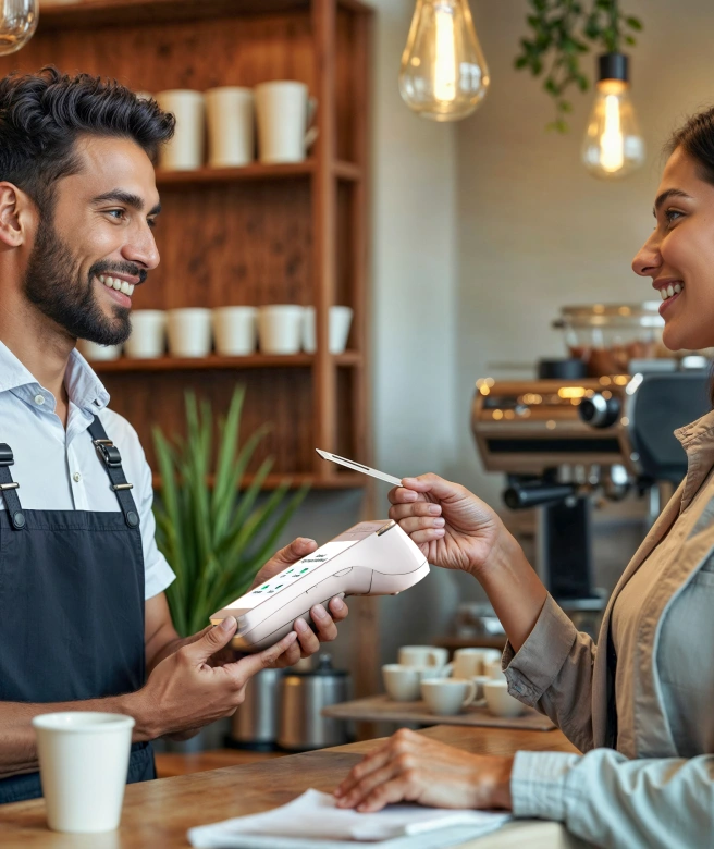 Barista using a PoS machine to process a customer's payment with integrated billing system