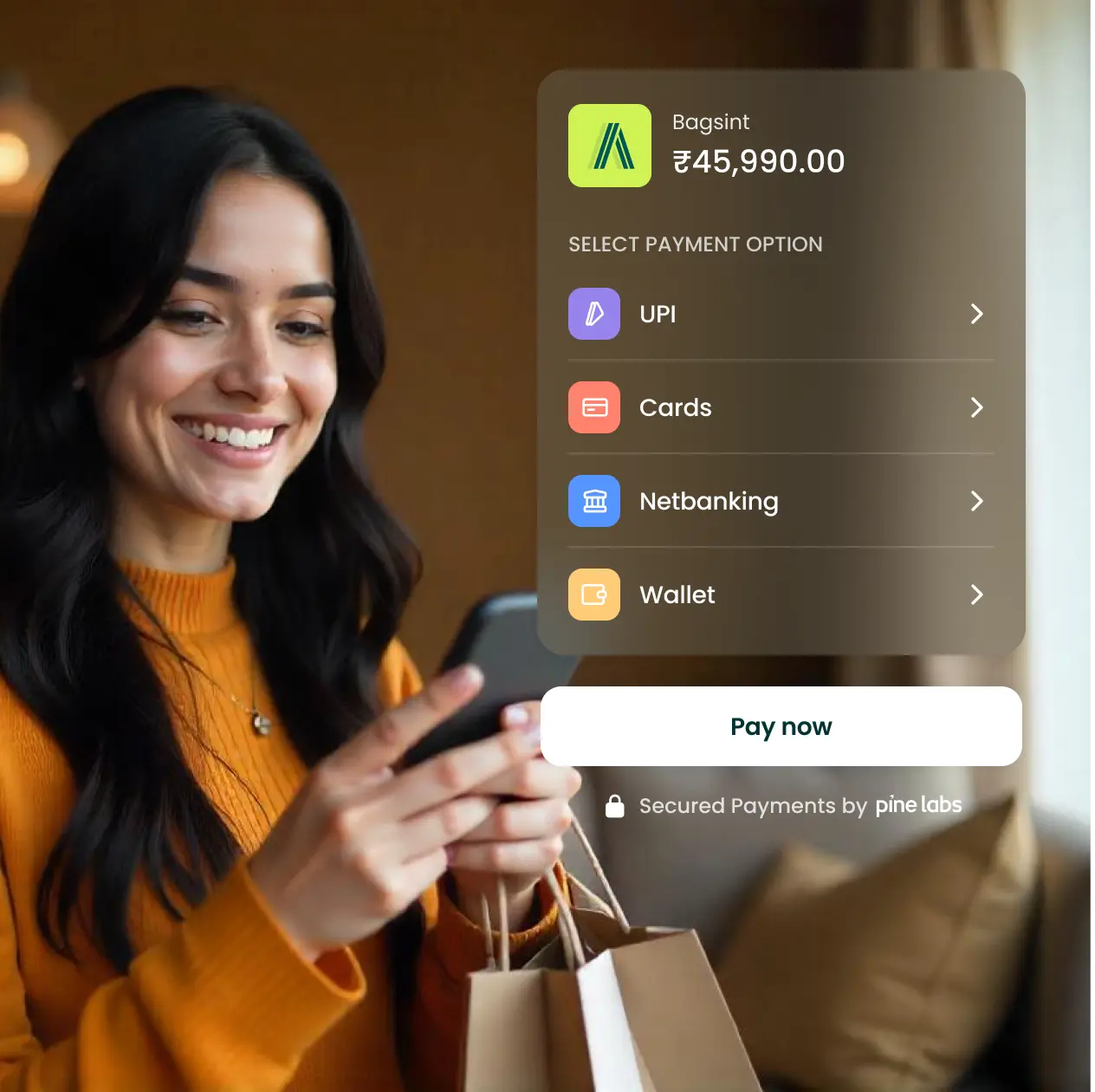 Woman selecting payment method on mobile screen after shopping