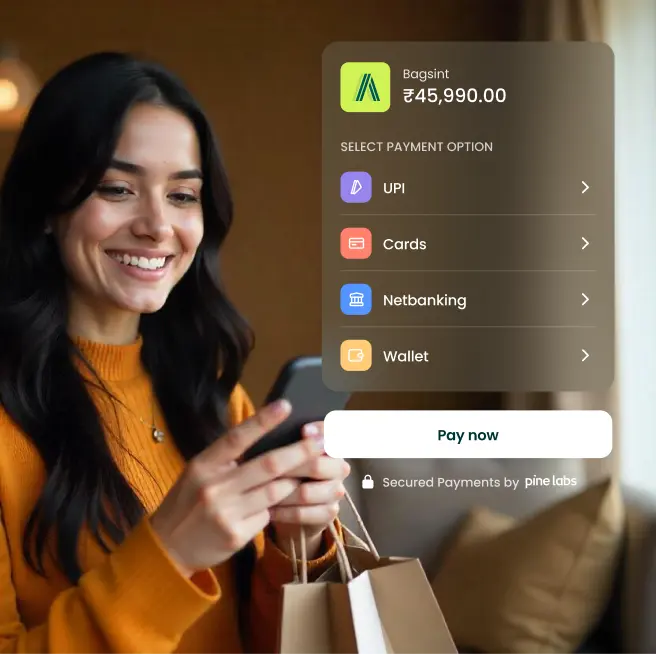 Woman selecting payment method on mobile screen after shopping