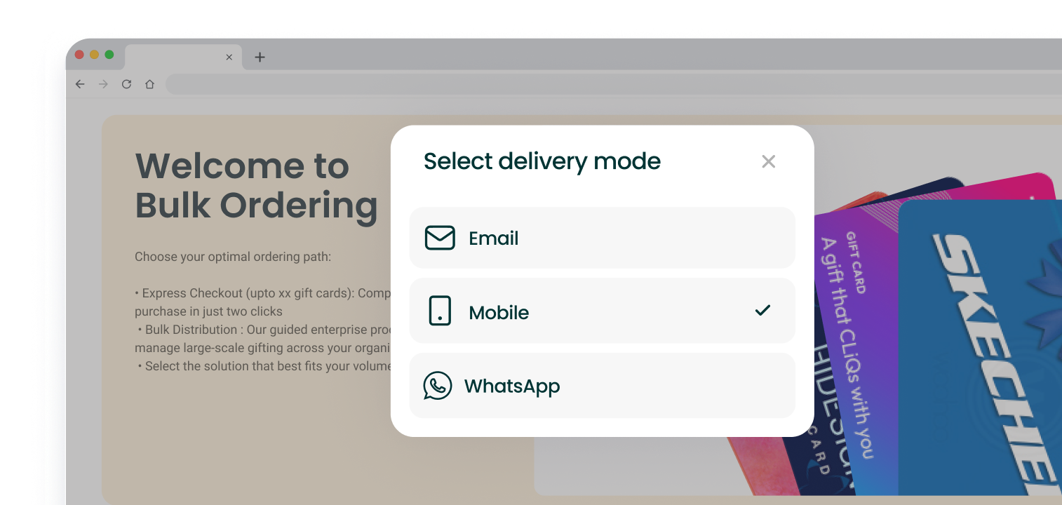 Screenshot of Pine Labs' self-serve gift card bulk ordering dashboard showing delivery mode selection options Screenshot of Pine Labs' self-serve gift card bulk ordering dashboard showing delivery mode selection options