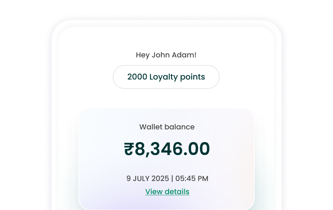 Digital brand wallet with ₹8,346 balance and loyalty points summary
